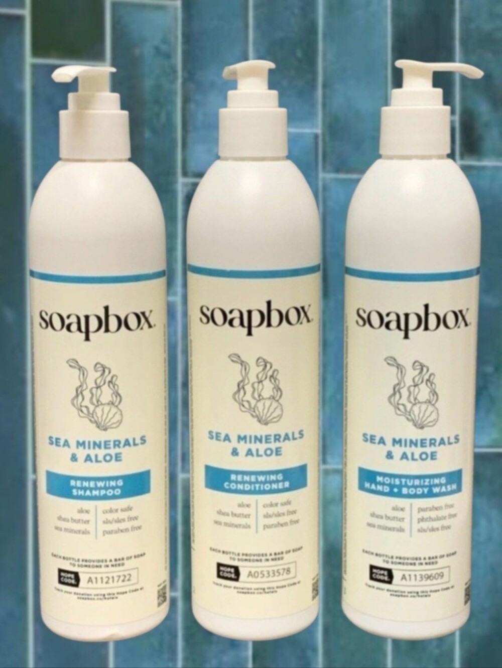 SOAPBOX SEA MINERALS & ALOE RENEWING SHAMPOO  CONDITIONER AND HAND & BODY WASH